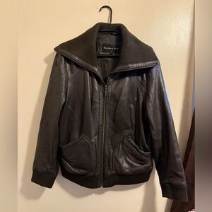 Black Leather Jacket  Size XL Look at pics! Call out small Hole